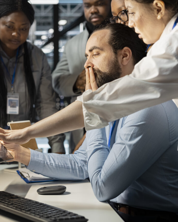 Team of admins working together in server hub, analyzing rigs data
